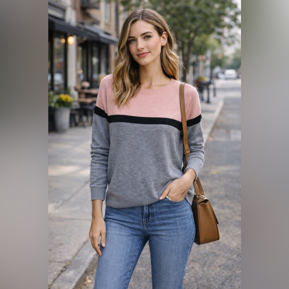 Cable & Gauge Colorblock Sweater Petite Small Pink Gray Black Crew Knit Top